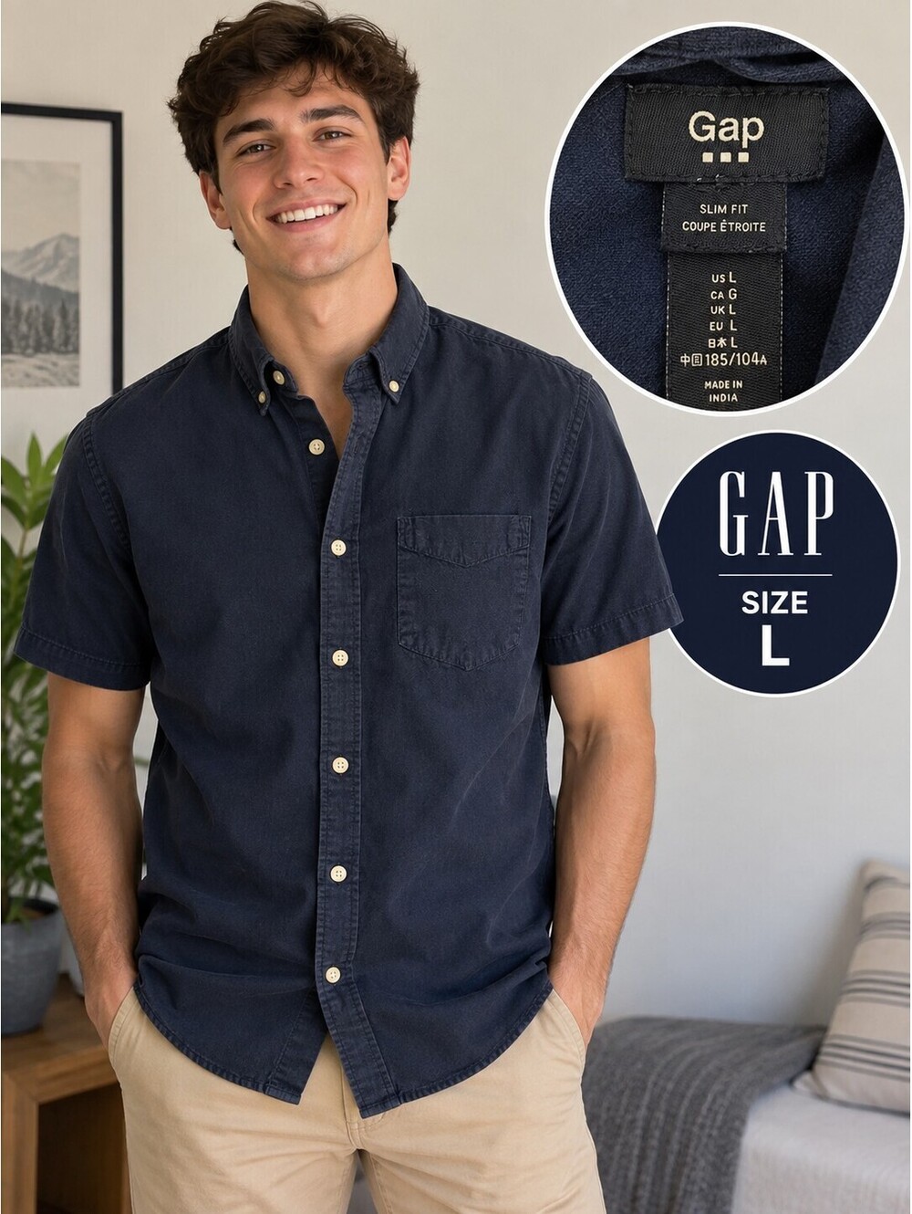 Gap | L | Men’s Slim Fit Navy Blue Short Sleeve Button-Down Shirt